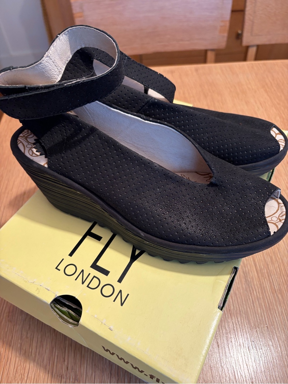 Fly London Yala Black Peep-Toe Wedge Sandals